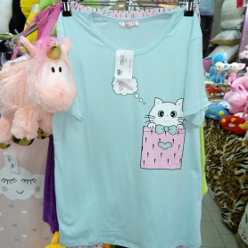 Комплект футболка с бриджами ночной хлопковый трикотажный голубой розовый женский Турция Котик (DM2002332MM)